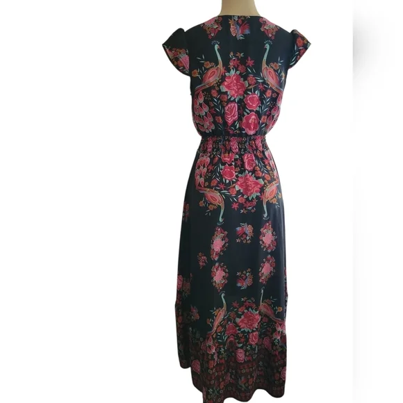 Oriental Cover Up Dress Black Peacock Asian Small Vacation - Picture 4 of 4